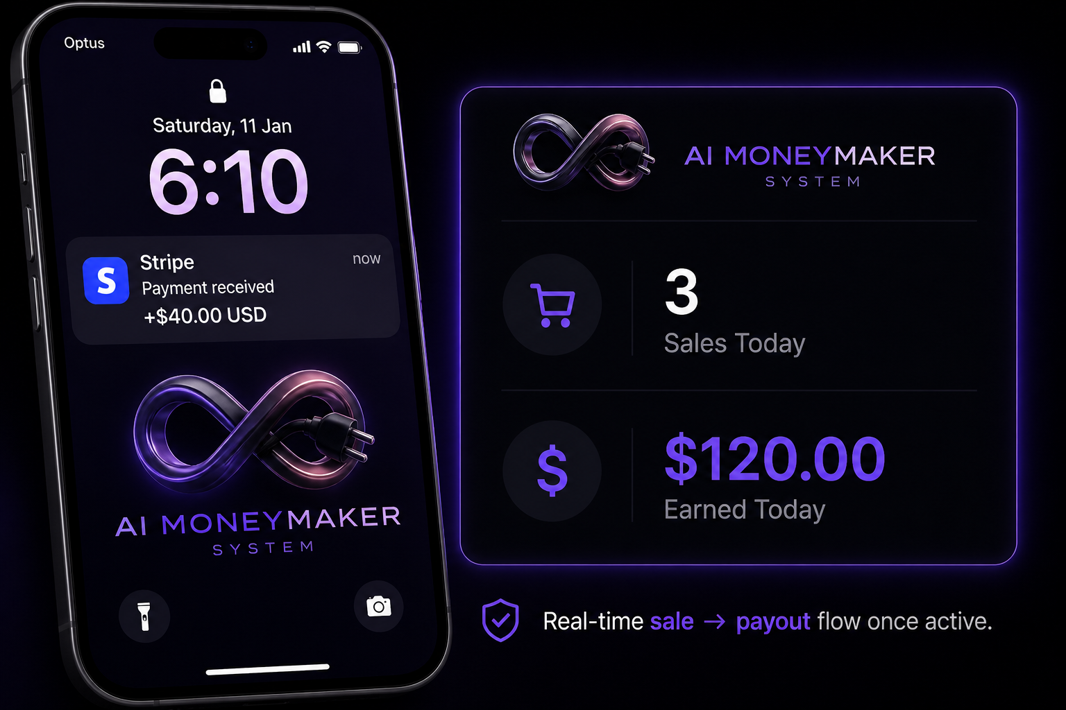 AI MoneyMaker real-time sale to payout flow preview